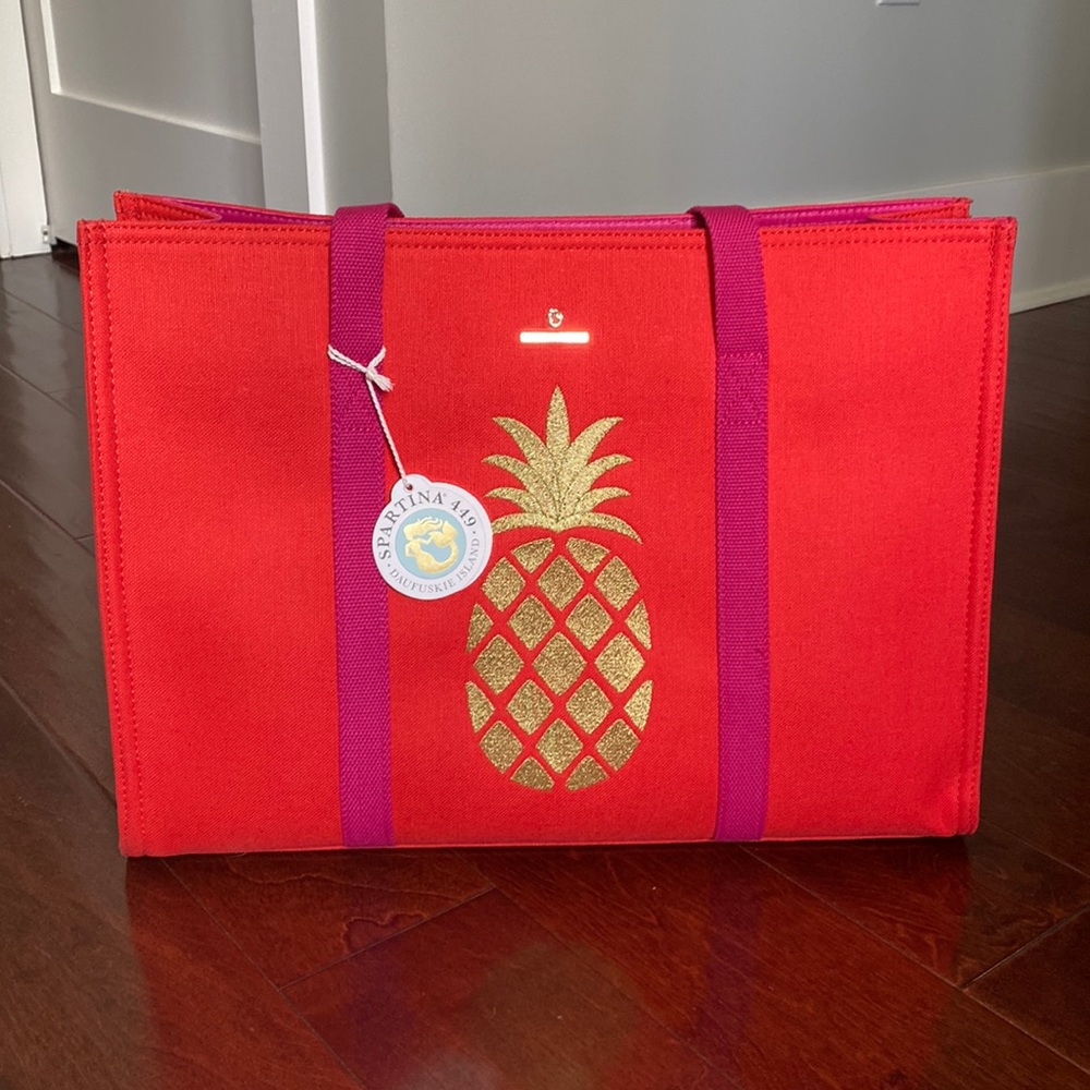 Spartina 449 Orange Carry-all Large Tote Pineapple with Pink Handles.